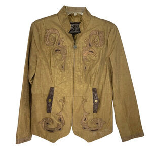 Vintage 1990s Chi x Carlos Falchi Sz M Brown Applique Leather Jacket Art to Wear